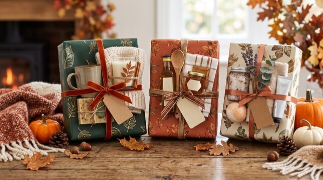 Autumn Harvest Gift Sets: Beautifully wrapped gift sets tied with ribbon, adorned with autumn leaves, pumpkins, and pinecones, evoking warmth and harvest season cheer.