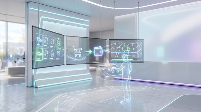 Futuristic Interface Interaction: A translucent, futuristic human silhouette interacts with a vibrant holographic interface displaying shopping icons, a digital wallet, and a navigational map.