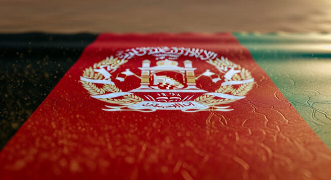 Close up textured fabric of Afghanistan national flag with glowing sun light and shallow depth of field