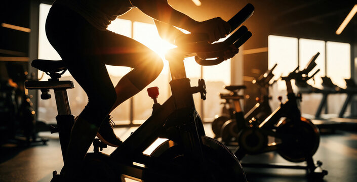 Silhouette of athletic person riding stationary bike in fitness gym. Sun flare creates bright light during intense spin class workout. Active male female training with high energy on indoor cycling