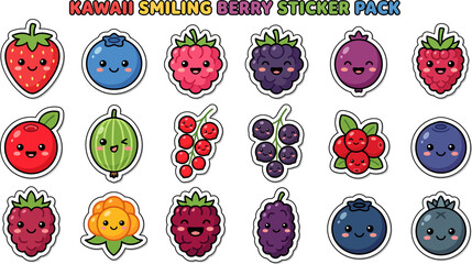 Cute kawaii berry stickers collection featuring strawberries blueberries raspberries and blackberries © Jannatul
