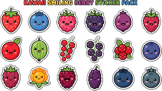 Cute kawaii berry stickers collection featuring strawberries blueberries raspberries and blackberries