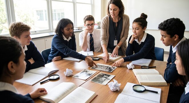 Diverse high school students and their teacher collaborating on a history project while analyzing old photographs around a classroom table