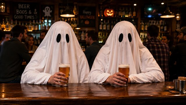 Two ghost costumes drinking at bar