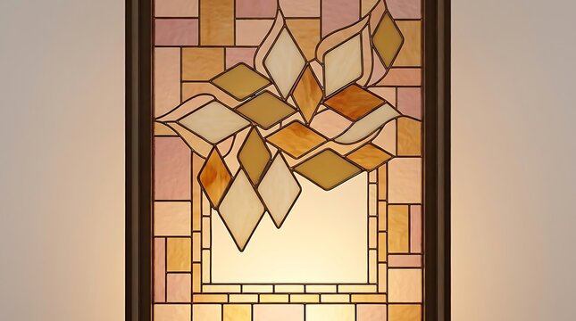 Colorful stained glass window with autumn leaf design in wooden frame