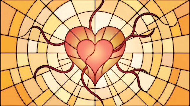 Colorful stained glass heart with intricate swirling patterns and warm golden tones
