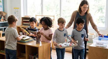 Obraz premium Group of diverse young preschool children working together with their teacher to organize books and art supplies in a bright classroom