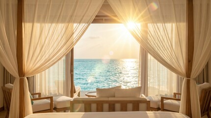 Fototapeta premium Tropical ocean view from a luxury villa bedroom with sheer white curtains framing the beautiful turquoise sea during a bright golden sunrise