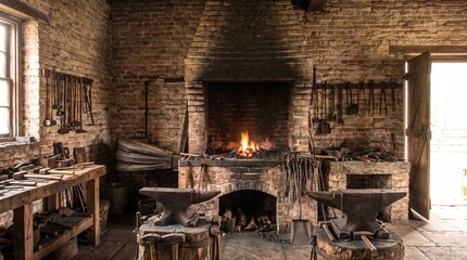 Fototapeta premium A traditional blacksmith workshop with a forge, featuring heavy iron anvils, vintage hand tools, and a rustic brick hearth filled with glowing embers