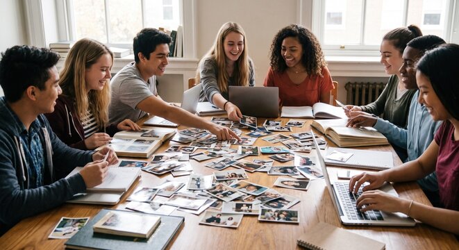Diverse group of young students working together around a wooden table to select and organize photographs for a school yearbook project using laptops and notebooks