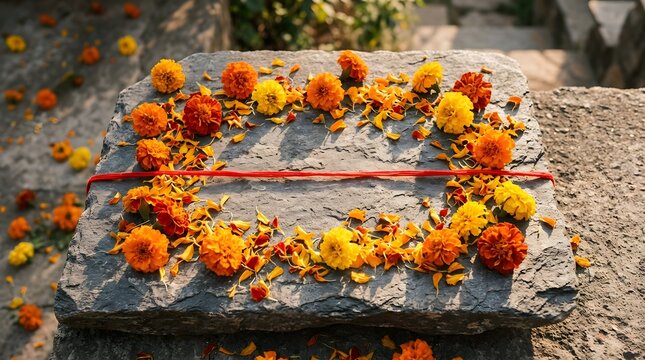 Raksha bandhan festival background with red sacred thread and marigold flowers on stone slab