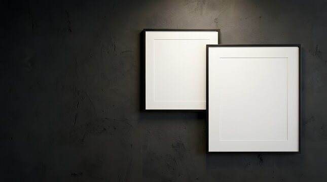 Two empty rectangular picture frames with black borders and white matting, illuminated by a subtle spotlight on a dark textured concrete wall, creating a minimalist interior background for artwork or