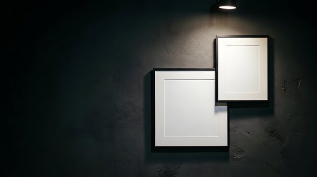 Two blank white matboard picture frames with black borders hanging on a dark textured gallery wall, strikingly illuminated by an overhead spotlight, creating dramatic shadows and presenting a minimali