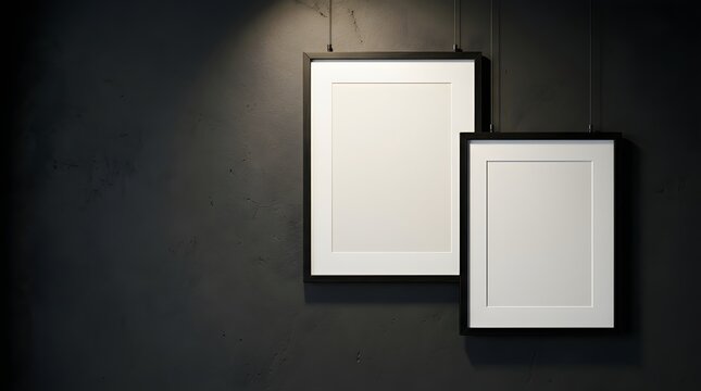 Two empty black picture frames with white mats hanging on a dark gray textured concrete wall, illuminated by a subtle spotlight, offering ample copy space for artwork or promotional display in a moder