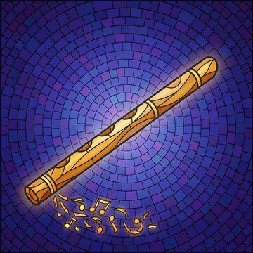 Golden didgeridoo with musical notes on vibrant purple mosaic background