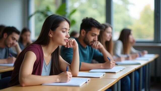 diverse thoughtful college students writing exam answers at bright wooden desks in modern university classroom setting for education concept