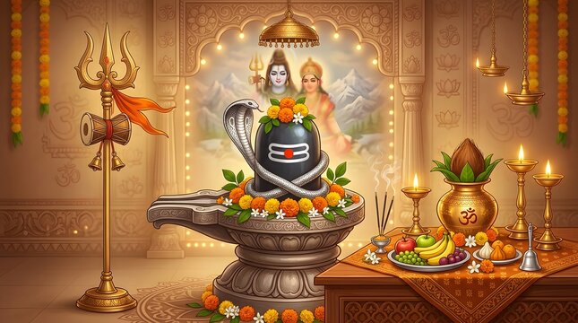 Hindu shrine featuring a shivling adorned with a silver cobra, marigold flowers, a trishul, and offerings of fruits and lamps in a temple