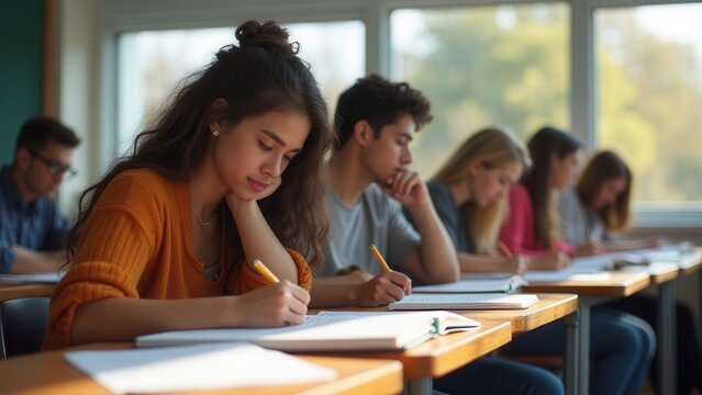 diverse college students taking academic test in bright modern classroom setting for education marketing materials