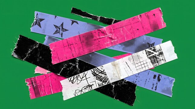 Crumpled magazine paper fragments and torn grunge tape strips on green background