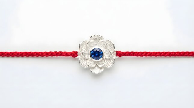 Red braided thread bracelet with silver flower charm and blue crystal isolated on white background