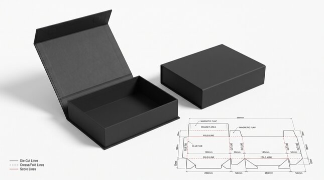 Black magnetic rigid box mockup with open and closed containers and die cut layout