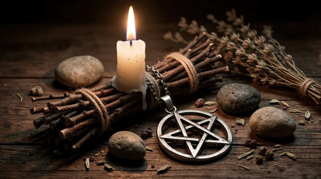 Lit candle glows on rustic wooden table near magic pentacle pendant. Bundle of dry twigs, smooth stones, dried herbs create mystical atmosphere. Esoteric ritual tools for witchcraft spiritual