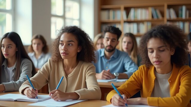 diverse young adults concentrating on exam at modern university desk sunlight for educational assessment corporate learning aspiration