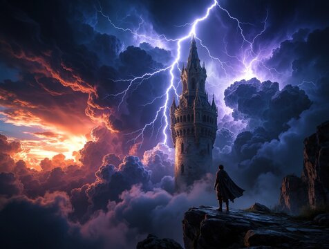 Lone figure watches lightning strike tall tower during dramatic storm over ocean. Dark clouds and dramatic sky set scene for fantasy adventure on rocky coast.