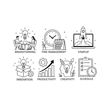 Business Productivity and Creativity Vector Outline Icons Set &ndash; Brainstorming, Time Management, Startup, Innovation, Schedule and Growth Symbols Collection