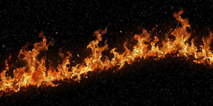 Abstract low poly fire flame wave glowing polygonal crystal orange and red ember energy stream on dark background