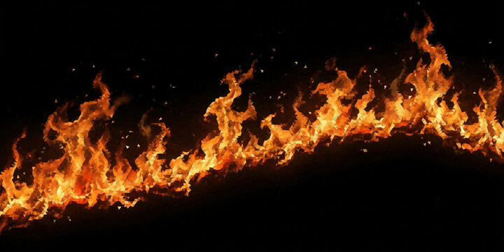 Abstract low poly fire stream on black background geometric polygonal flame wave with scattered particles, dynamic fiery design element