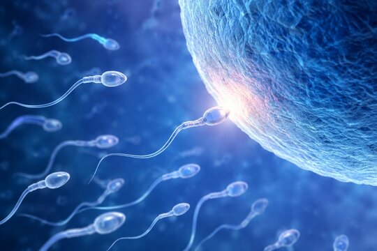 Sperm cells swimming toward egg during human fertilization