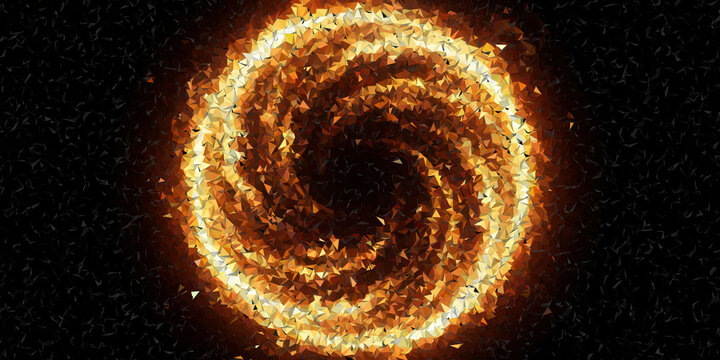 Abstract polygonal fiery vortex glowing orange and yellow geometric spiral portal with faceted triangles on dark background