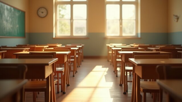 sunlit empty vintage classroom interior with aged wooden desks perfect for educational marketing or learning concept copy space