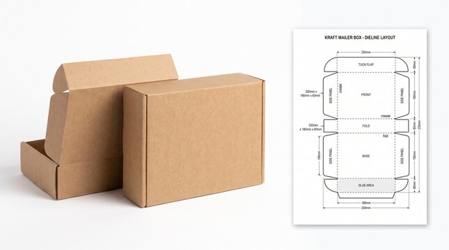 Brown cardboard mailer box mockup with flat dieline layout for shipping