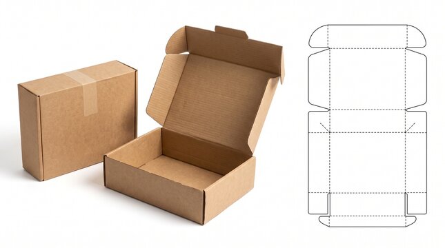 Cardboard box mock up with open and closed containers next to die cut layout blueprint on white background