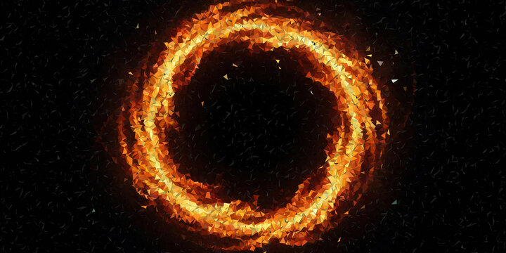 Abstract fiery orange geometric ring of light particles on a dark, low poly background, creating a dynamic energy portal effect