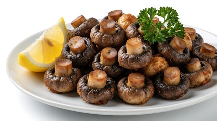 Fototapeta premium Plate of savory fried mushrooms served with fresh lemon slice and parsley sprig. This appetizing dish looks delicious and healthy for any meal.