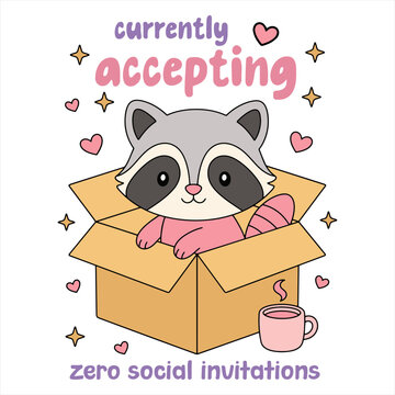 Cute raccoon sitting in box vector illustration with funny introvert quote