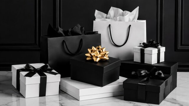 Black and white gift boxes with gold bow and shopping bags