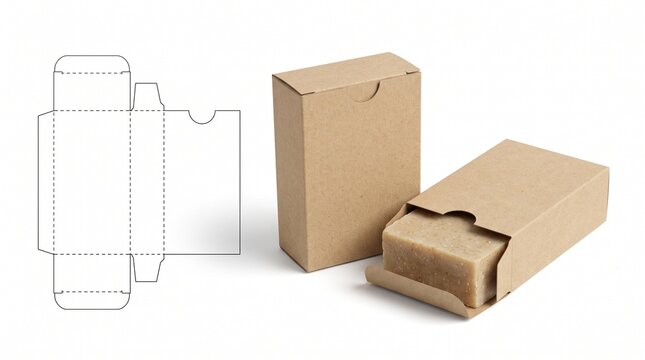 Craft paper box packaging die cut layout and product mockup on white