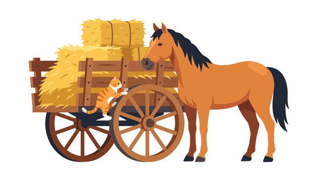 Horse pulling cart with hay, cat on cart