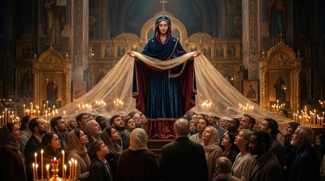 Virgin mary holding divine veil, faithful community praying inside orthodox church, congregation seeking spiritual intercession, holy protection, sacred sanctuary scene, religious ritual.