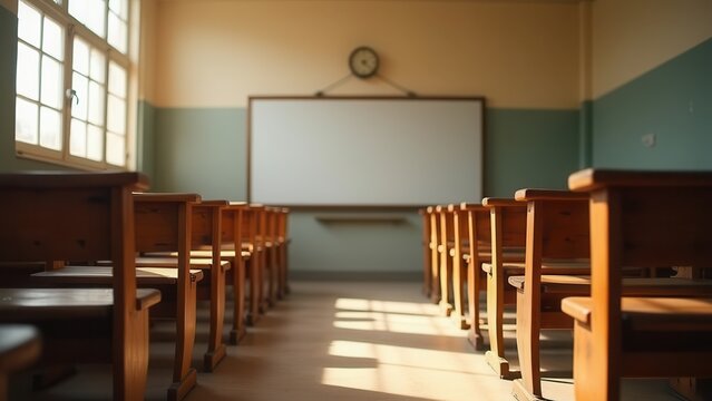 empty sunlit vintage classroom with antique wooden desks and chairs ready for learning soft natural light educational marketing copy space