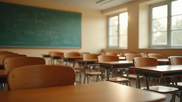 empty elementary school classroom morning light vintage wooden desks nostalgic anticipation educational setting for copyspace
