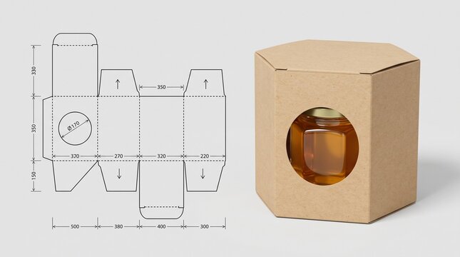 Hexagon cardboard packaging die cut layout and 3d rendered box mockup