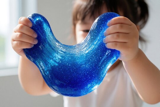 Little girl plays with sparkly blue slime toy, stretching the gooey substance. Child enjoys hands on activity, creative fun and sensory play indoors.