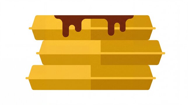 Stack of square Belgian waffles with dripping sweet maple syrup chocolate glaze, bakery breakfast dessert pastry flat vector illustration isolated on white