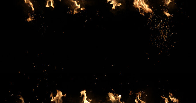 Flames and sparks glowing along the edges against a pure black background