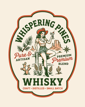Western adventure vintage print design for t shirt. Whispering Pines Whisky label. Cowgirl pin up in desert. Retro beverage graphic artwork.